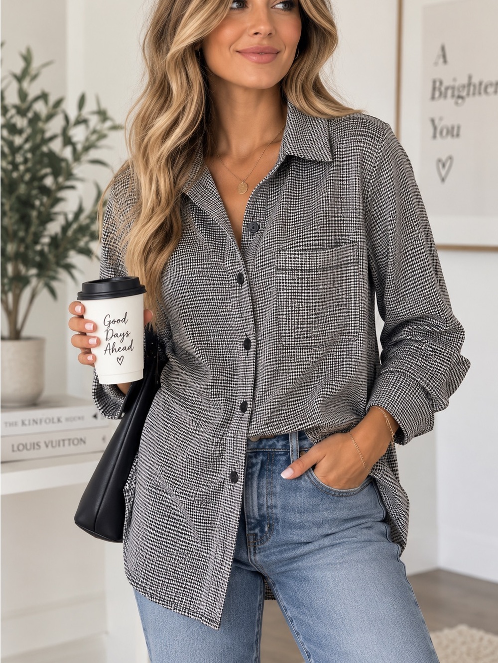 Lysse New York Houndstooth Stretch Button Down Shirt Women’s Large Black White